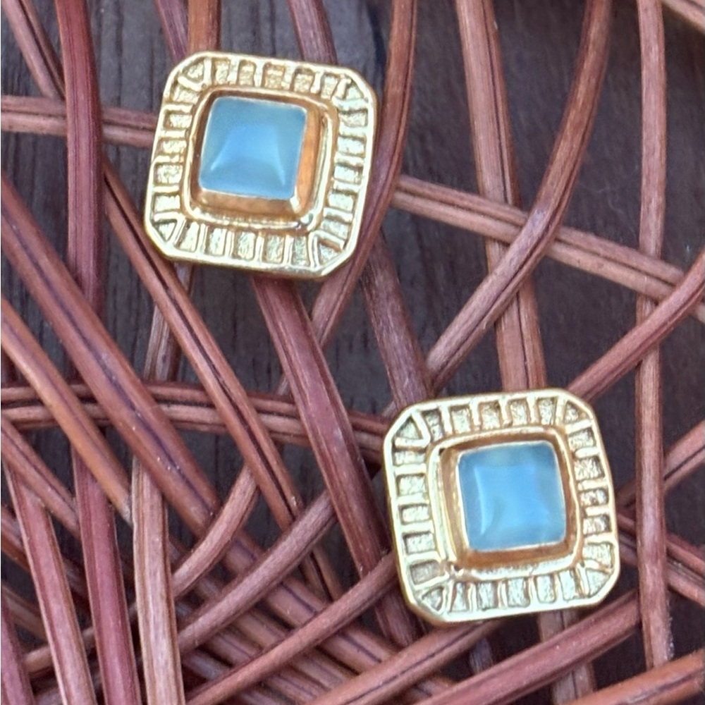 JULIE VOS Aquamarine Gemstone and Gold Square Earrings with Greek Key Design